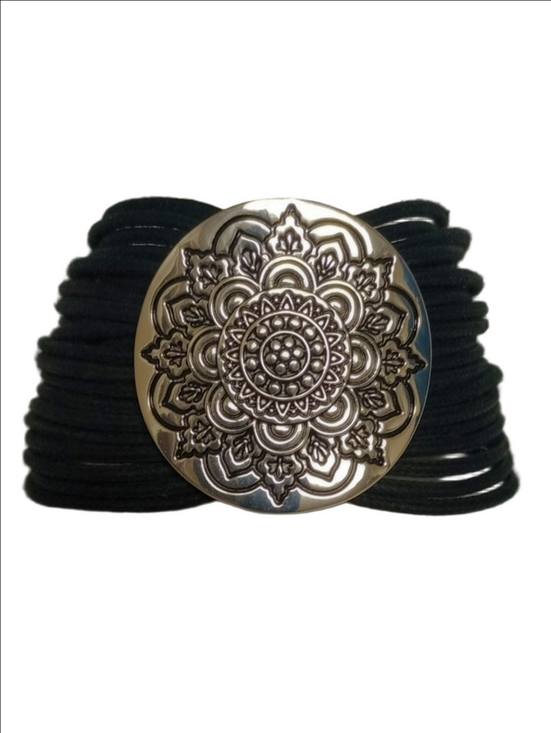 Jewelry - MANDALA ENGRAVED SILVER TONE MULTI STRINGS BLACK CHUNKY CLASP ZEN BRACELET